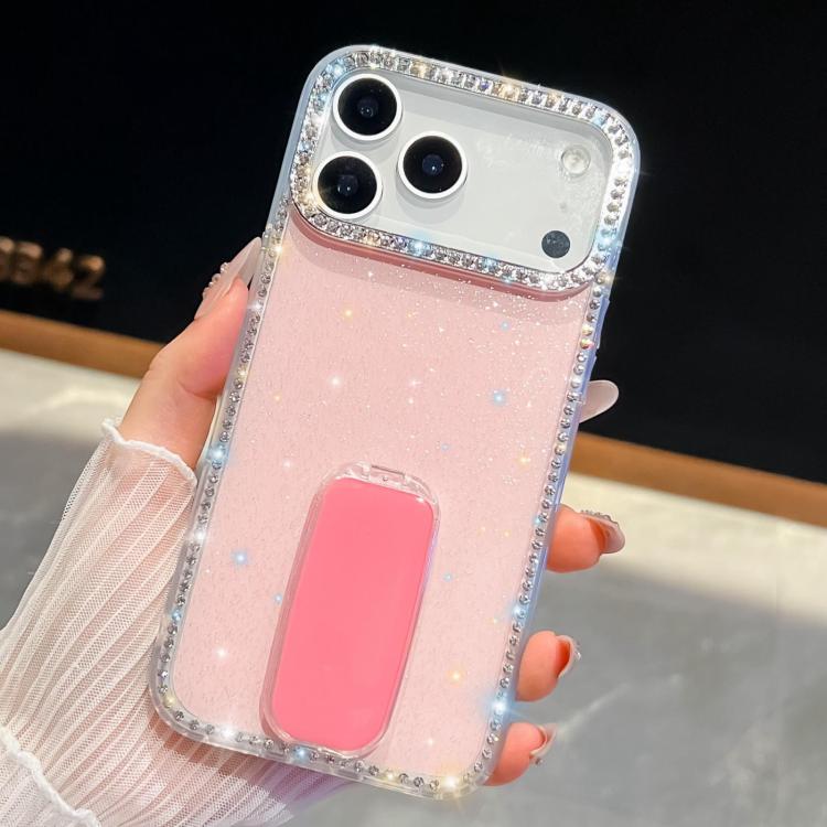 For iPhone 17 Pro Rhinestone Glitter TPU 4-corners Anti-fall Phone Case with Holder(Light Pink)