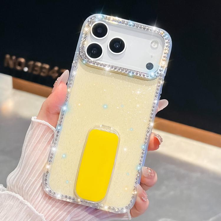 For iPhone 17 Pro Rhinestone Glitter TPU 4-corners Anti-fall Phone Case with Holder(Light Yellow)