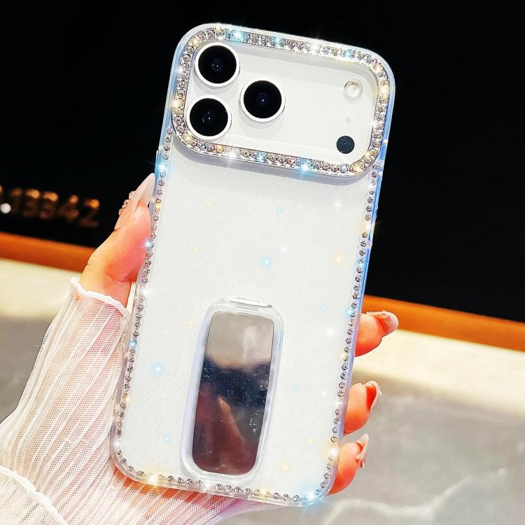 For iPhone 17 Pro Rhinestone Glitter TPU 4-corners Anti-fall Phone Case with Holder(White)