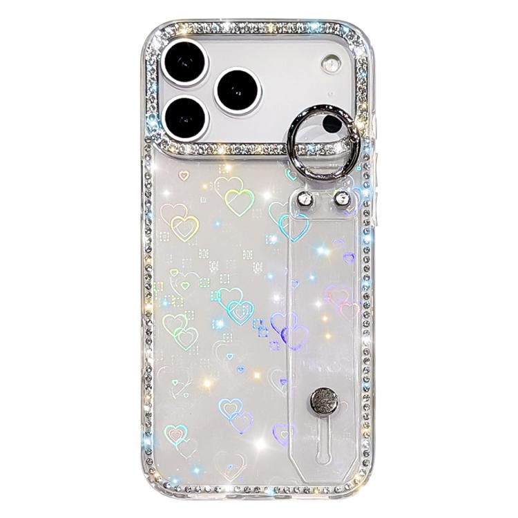 For iPhone 17 Pro Rhinestone Glitter Wristband Holder Phone Case(Heart Transparent)