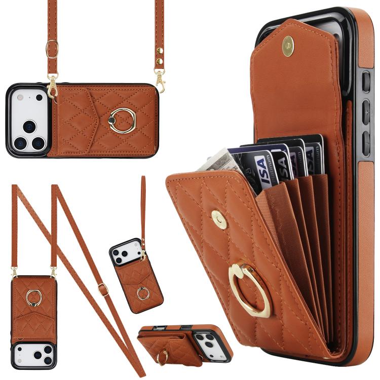 For iPhone 17 Pro Rhombic Texture Card Bag Phone Case with Long Lanyard(Brown)