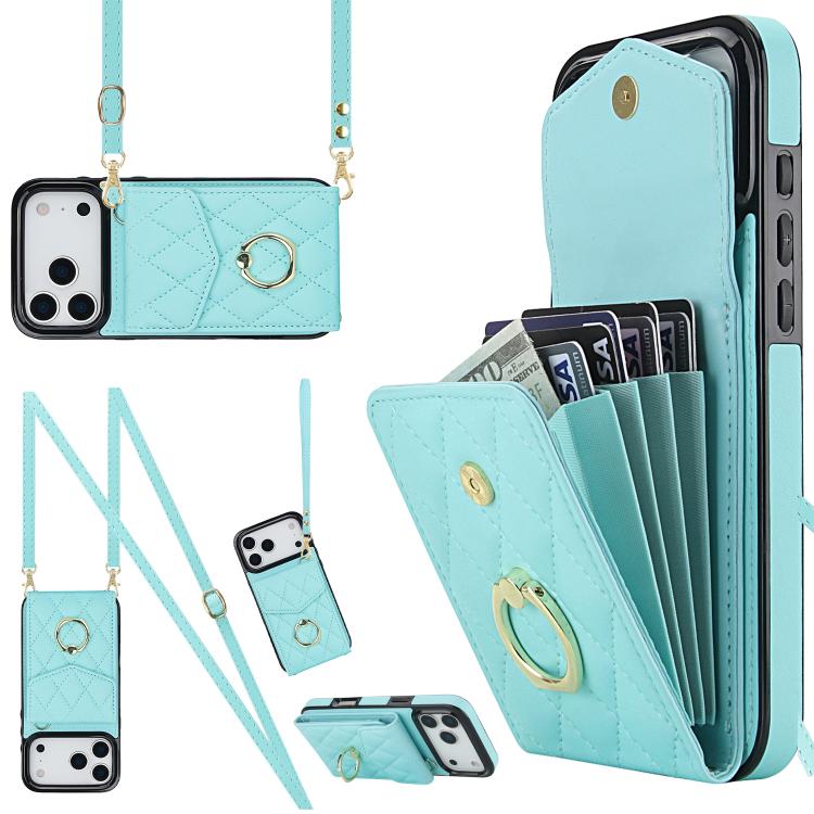 For iPhone 17 Pro Rhombic Texture Card Bag Phone Case with Long Lanyard(Mint Green)