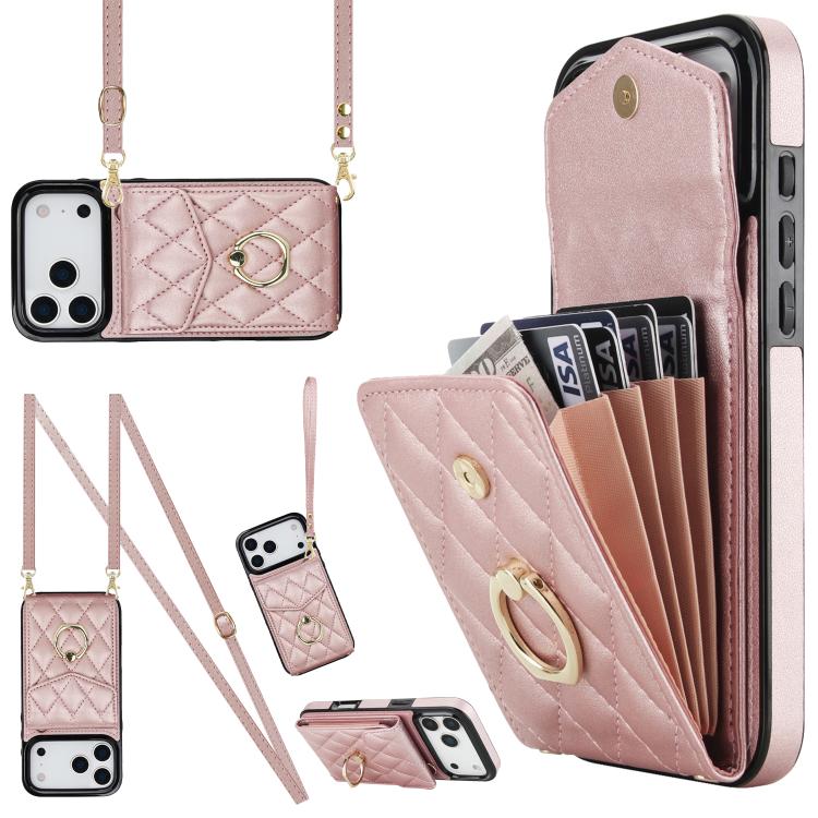 For iPhone 17 Pro Rhombic Texture Card Bag Phone Case with Long Lanyard(Rose Gold)
