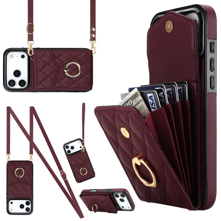 For iPhone 17 Pro Rhombic Texture Card Bag Phone Case with Long Lanyard(Wine Red)