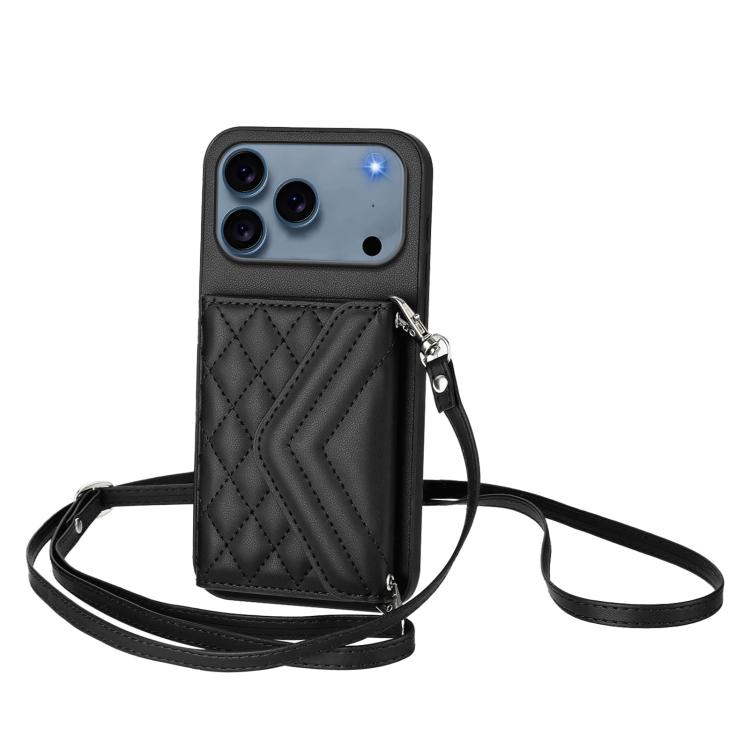 For iPhone 17 Pro Rhombic Texture Card Bag RFID Phone Case with Long Lanyard(Black)