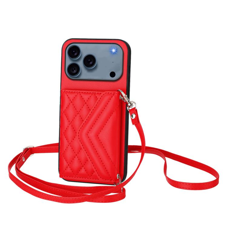 For iPhone 17 Pro Rhombic Texture Card Bag RFID Phone Case with Long Lanyard(Red)