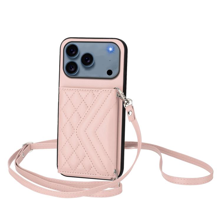 For iPhone 17 Pro Rhombic Texture Card Bag RFID Phone Case with Long Lanyard(Rose Gold)