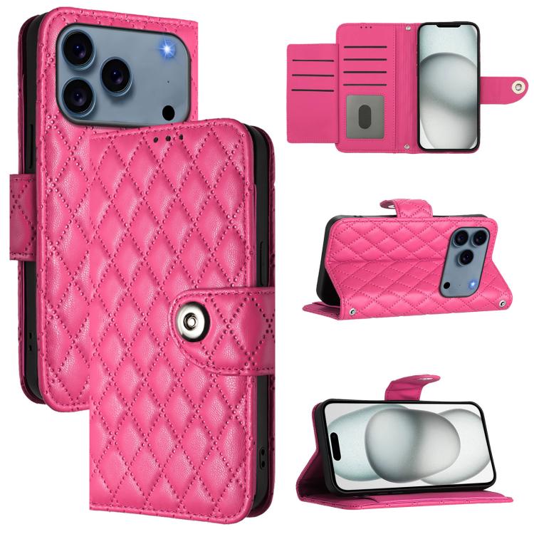 For iPhone 17 Pro Rhombic Texture Flip Leather Phone Case with Lanyard(Rose Red)