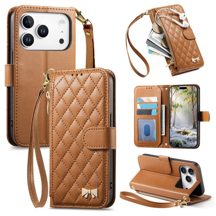 For iPhone 17 Pro Rhombic Texture Zipper Wallet Metal Bow-knot Vegan Leather Phone Case with Strap(Brown)