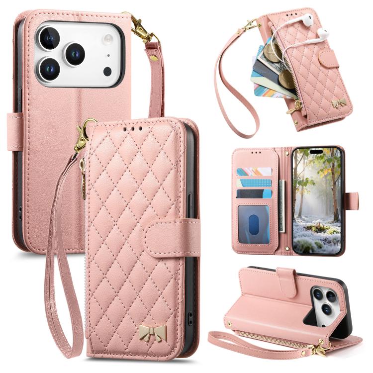 For iPhone 17 Pro Rhombic Texture Zipper Wallet Metal Bow-knot Vegan Leather Phone Case with Strap(Pink)