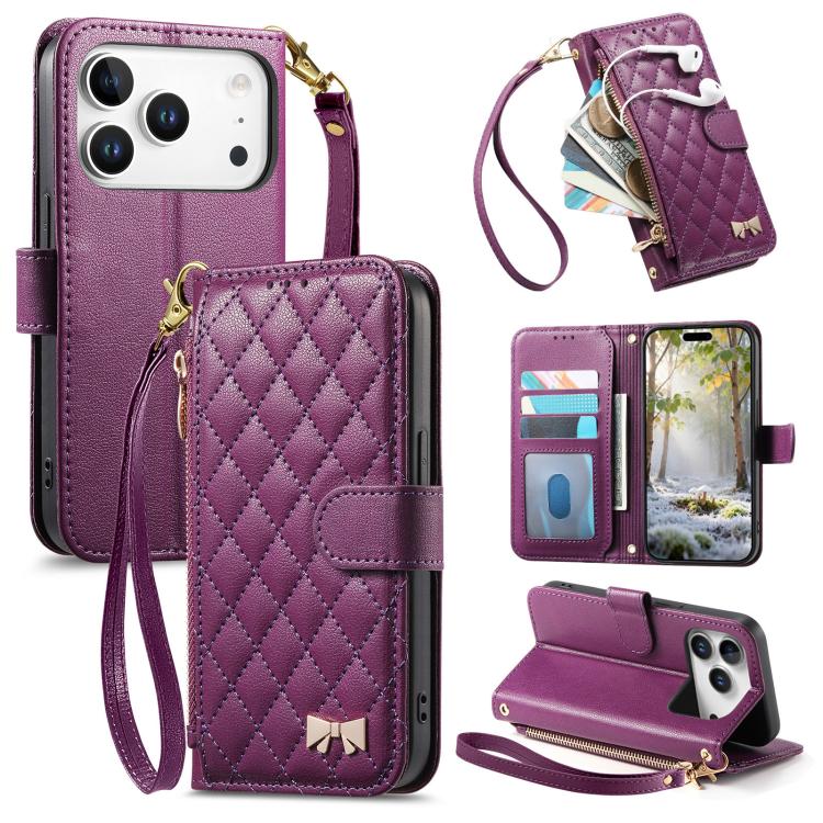 For iPhone 17 Pro Rhombic Texture Zipper Wallet Metal Bow-knot Vegan Leather Phone Case with Strap(Purple)