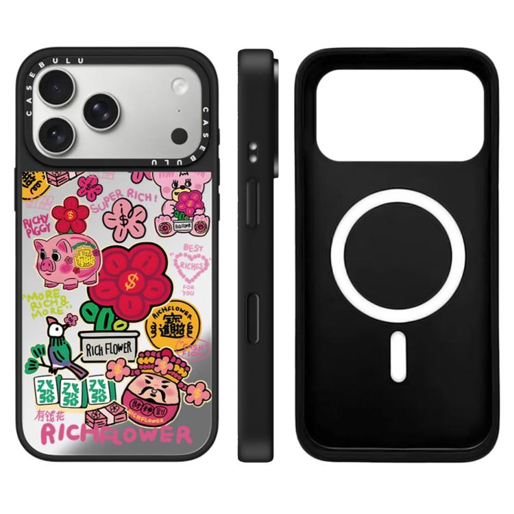 For iPhone 17 Pro Rich Flower Series Pattern Camera Control Button Mirror Magnetic Phone Case(God of Wealth Sliver)
