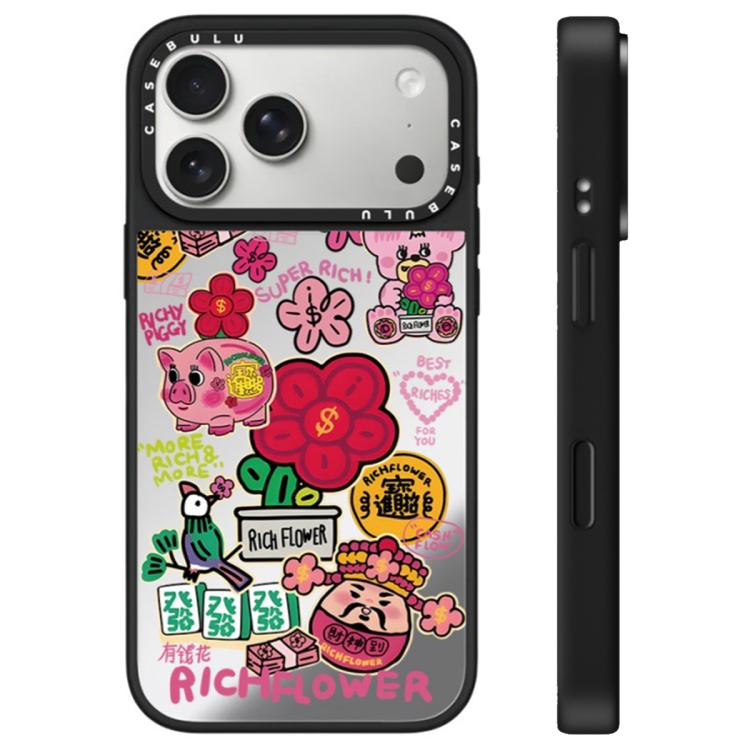 For iPhone 17 Pro Rich Flower Series Pattern Camera Control Button Mirror Phone Case(God of Wealth Sliver)