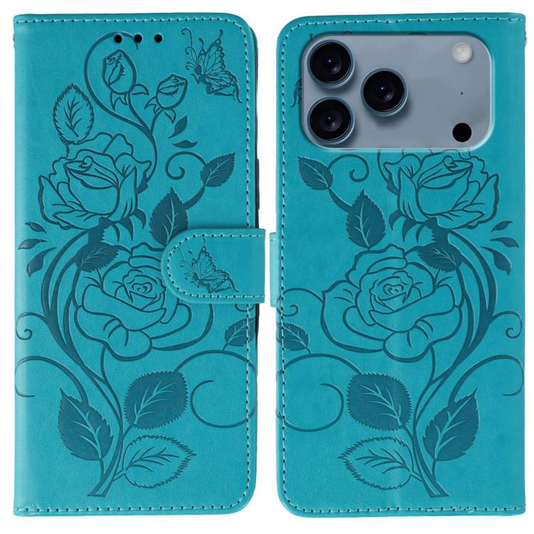 For iPhone 17 Pro Rose Butterfly Embossed Leather Phone Case(Blue)