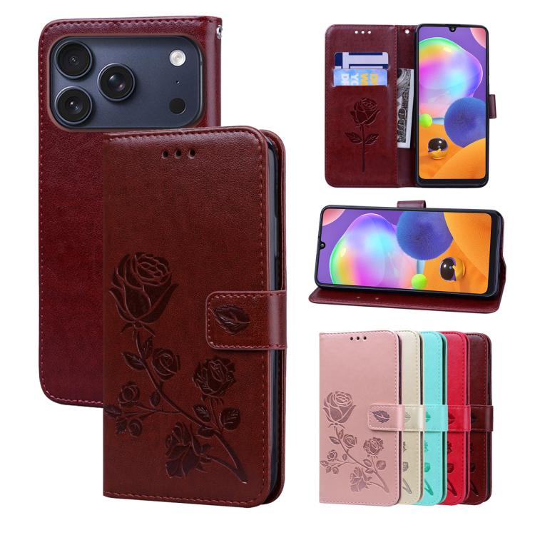 For iPhone 17 Pro Rose Embossed Flip PU Leather Phone Case(Brown)