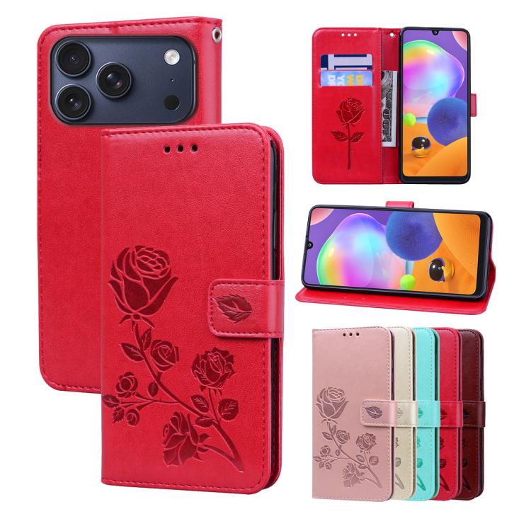 For iPhone 17 Pro Rose Embossed Flip PU Leather Phone Case(Red)