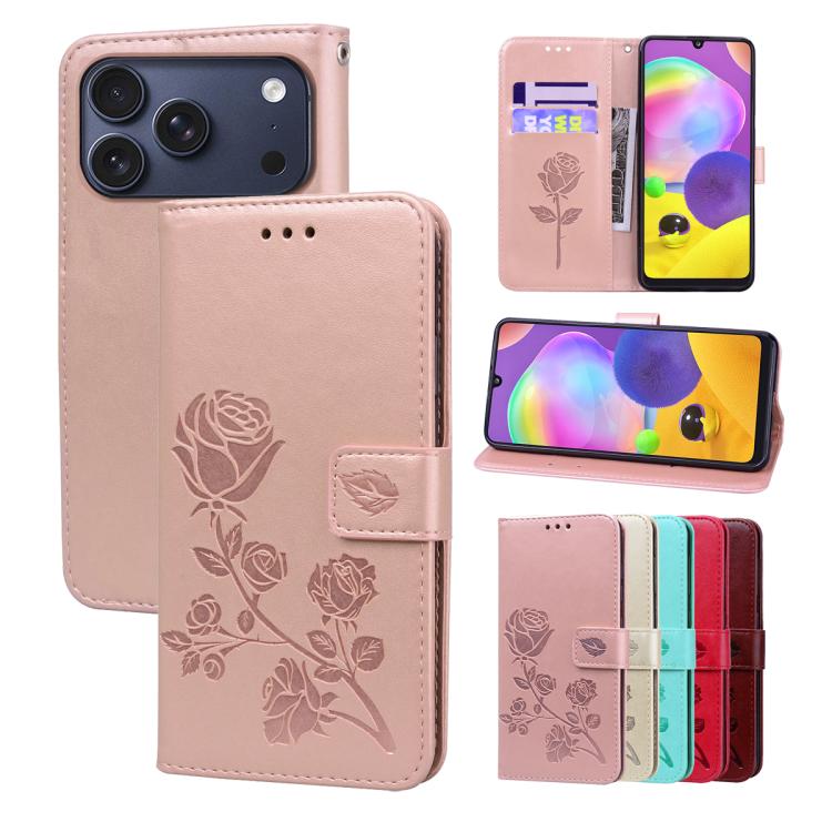 For iPhone 17 Pro Rose Embossed Flip PU Leather Phone Case(Rose Gold)