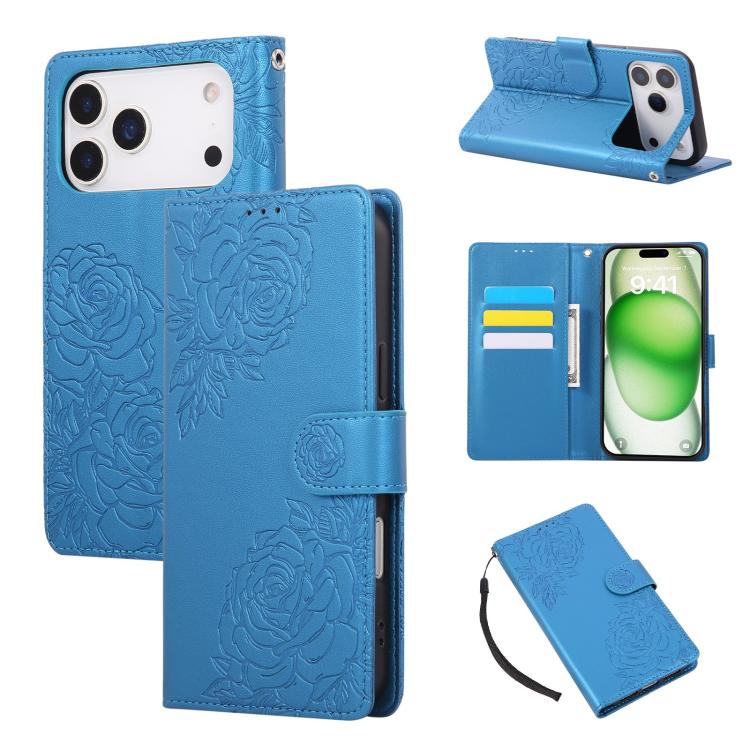 For iPhone 17 Pro Rose Flower Embossed 3-Card Slots Leather Phone Case(Blue)