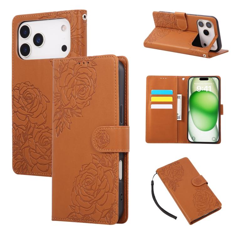 For iPhone 17 Pro Rose Flower Embossed 3-Card Slots Leather Phone Case(Brown)