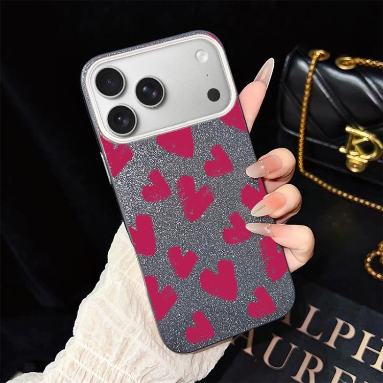 For iPhone 17 Pro Rose Red Hearts Pattern IMD Glitter PC Hybrid TPU Phone Case(Black)