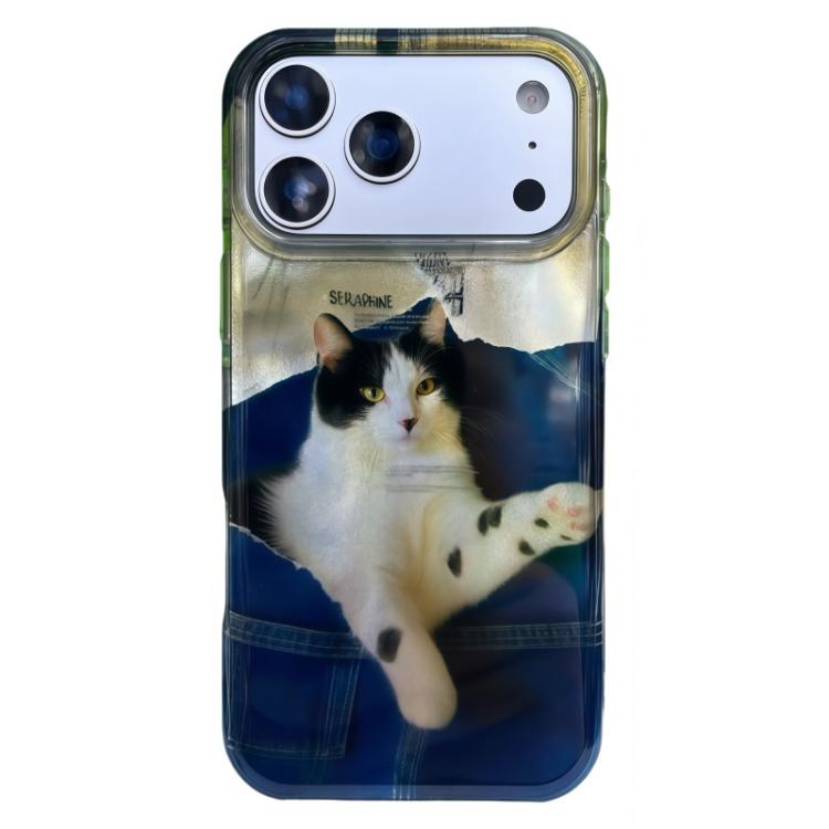 For iPhone 17 Pro Rounded Edge IMD Pattern TPU Phone Case(Dark Blue Cat)