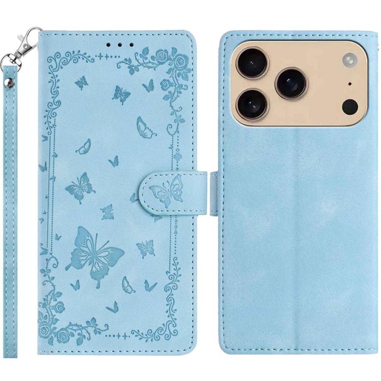 For iPhone 17 Pro Secret Garden Butterfly Pattern Leather Phone Case(Blue)
