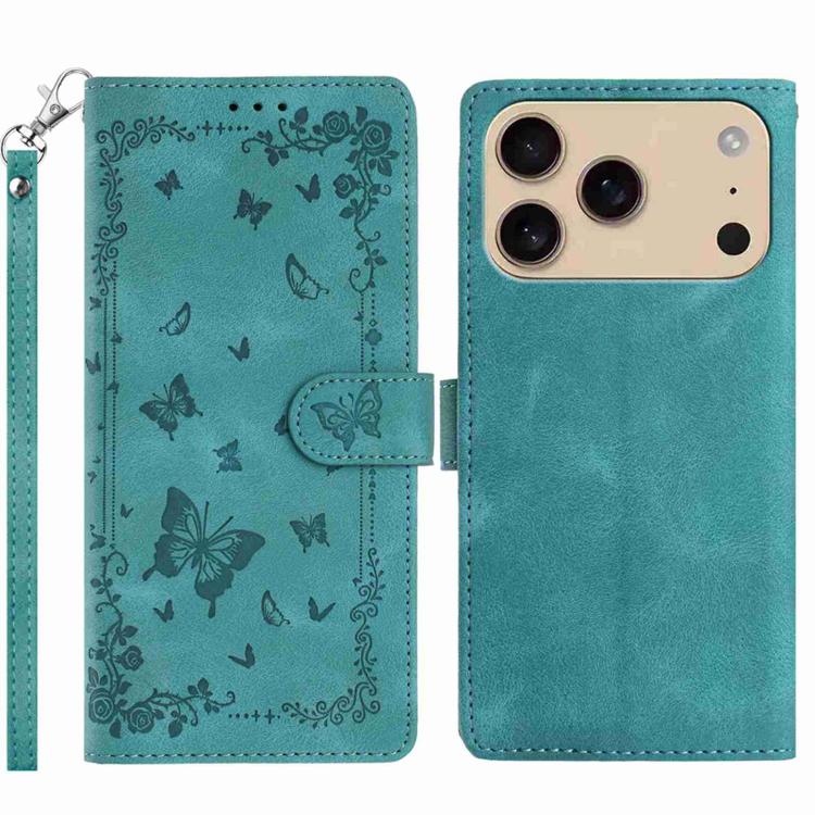 For iPhone 17 Pro Secret Garden Butterfly Pattern Leather Phone Case(Green)