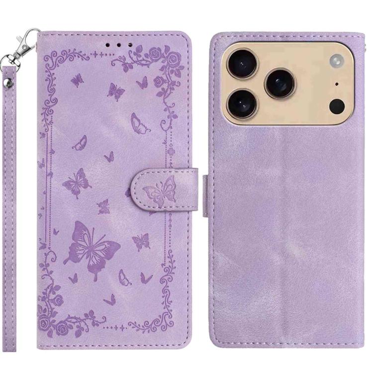 For iPhone 17 Pro Secret Garden Butterfly Pattern Leather Phone Case(Purple)
