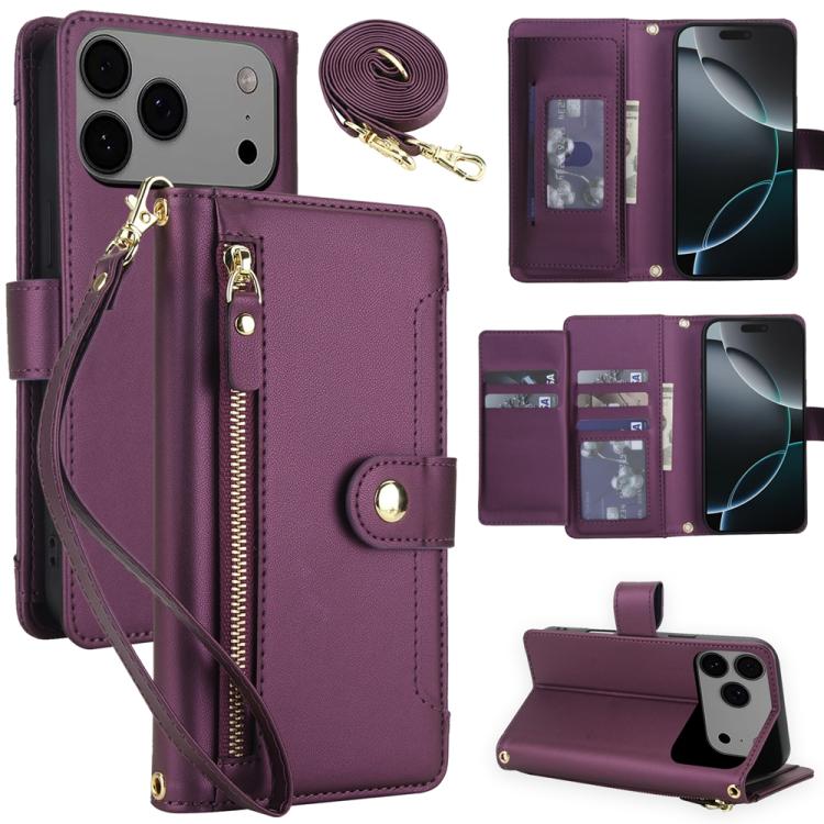For iPhone 17 Pro Seven Card Slots Zipper Wallet Leather Phone Case with Lanyard(Dark Purple)