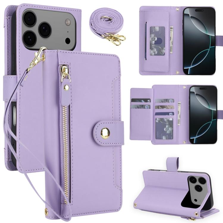For iPhone 17 Pro Seven Card Slots Zipper Wallet Leather Phone Case with Lanyard(Light Purple)