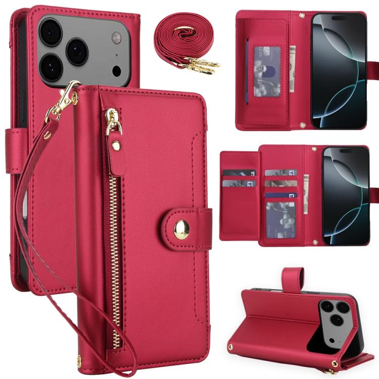 For iPhone 17 Pro Seven Card Slots Zipper Wallet Leather Phone Case with Lanyard(Red)