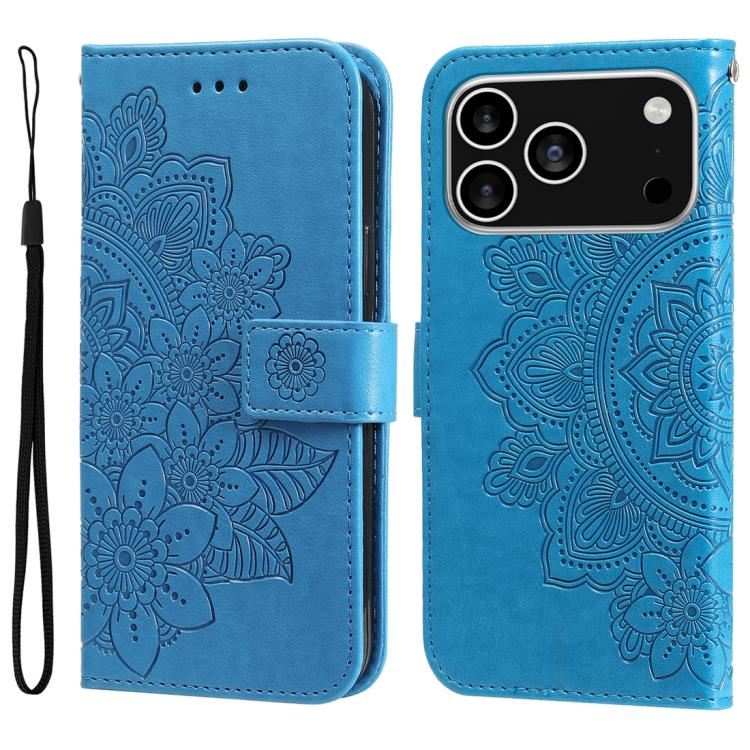 For iPhone 17 Pro Seven-petal Flowers Embossing Leather Phone Case(Blue)