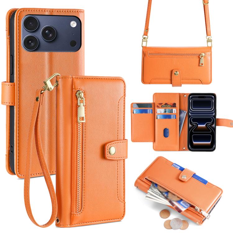 For iPhone 17 Pro Sheep Texture Cross-body Zipper Wallet Leather Phone Case(Orange)