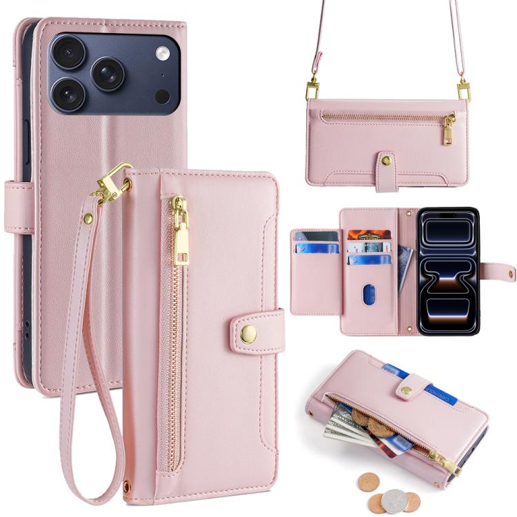 For iPhone 17 Pro Sheep Texture Cross-body Zipper Wallet Leather Phone Case(Pink)