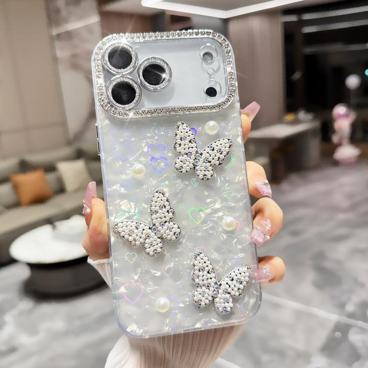 For iPhone 17 Pro Shell Texture 3D Pearl Butterfly Diamond Glitter Phone Case(White)