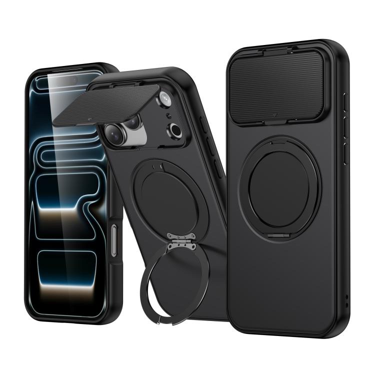 For iPhone 17 Pro ShellGod Magnetic Rotation Holder Lens Shield PC TPU Hybrid Phone Case(Black)