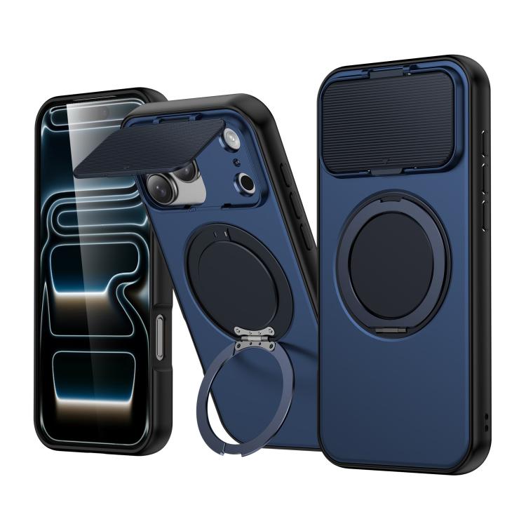 For iPhone 17 Pro ShellGod Magnetic Rotation Holder Lens Shield PC TPU Hybrid Phone Case(Blue)
