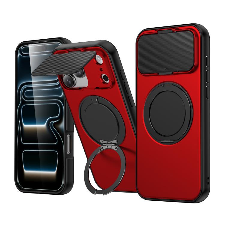 For iPhone 17 Pro ShellGod Magnetic Rotation Holder Lens Shield PC TPU Hybrid Phone Case(Red)