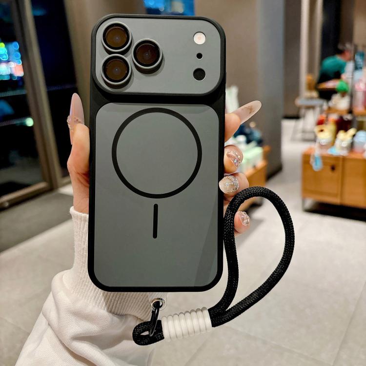 For iPhone 17 Pro Shield Contrast Color Magnetic Phone Case with Lens Protector and Wrist Strap(Black)