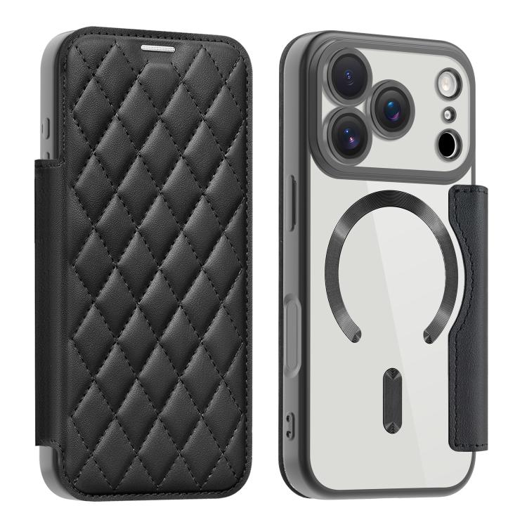 For iPhone 17 Pro Shield Magsafe RFID Anti-theft Rhombus Leather Phone Case(Black)