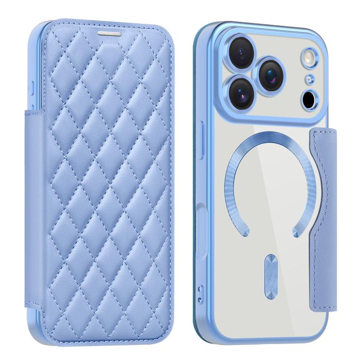 For iPhone 17 Pro Shield Magsafe RFID Anti-theft Rhombus Leather Phone Case(Blue)
