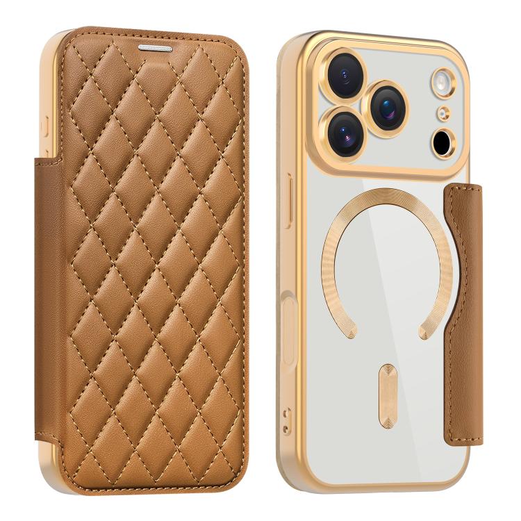 For iPhone 17 Pro Shield Magsafe RFID Anti-theft Rhombus Leather Phone Case(Brown)