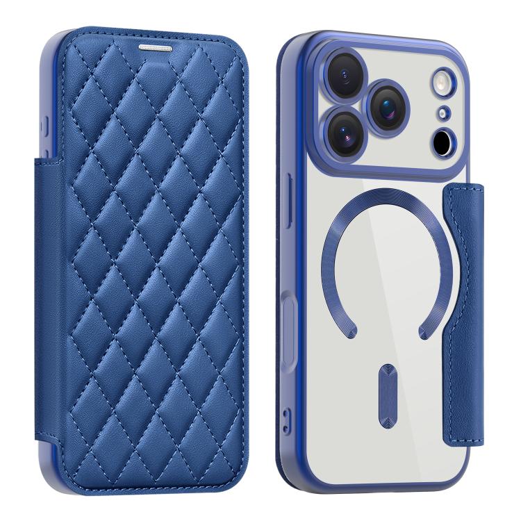 For iPhone 17 Pro Shield Magsafe RFID Anti-theft Rhombus Leather Phone Case(Dark Blue)