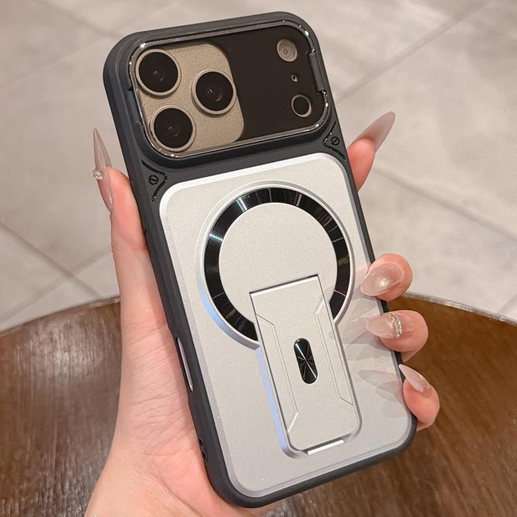 For iPhone 17 Pro Shockproof Lens Cover Magnetic Phone Case with Hidden Holder(Silver)