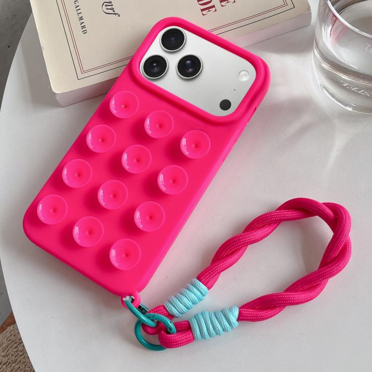 For iPhone 17 Pro Simple Suction Cup Silicone Phone Case with Lanyard(Rose Red)