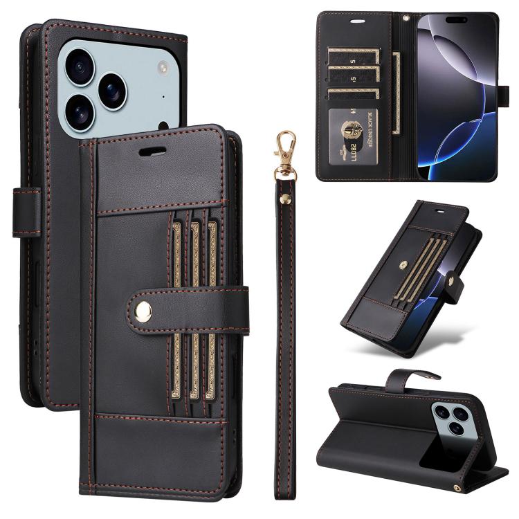 For iPhone 17 Pro Six Card Slots Buckle Leather Phone Case with Lanyard(Black)