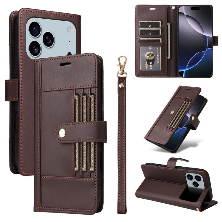 For iPhone 17 Pro Six Card Slots Buckle Leather Phone Case with Lanyard(Coffee)