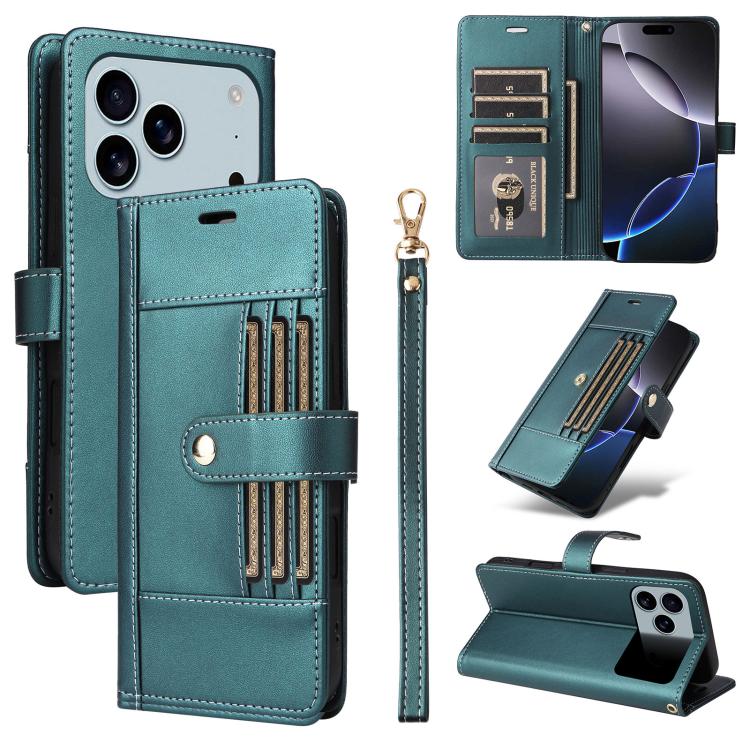 For iPhone 17 Pro Six Card Slots Buckle Leather Phone Case with Lanyard(Green)