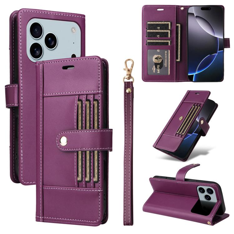For iPhone 17 Pro Six Card Slots Buckle Leather Phone Case with Lanyard(Purple)