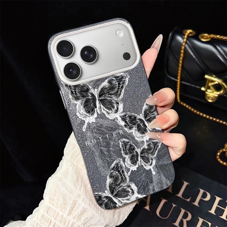 For iPhone 17 Pro Sketch Butterflies Pattern IMD Glitter PC Hybrid TPU Phone Case(Black)